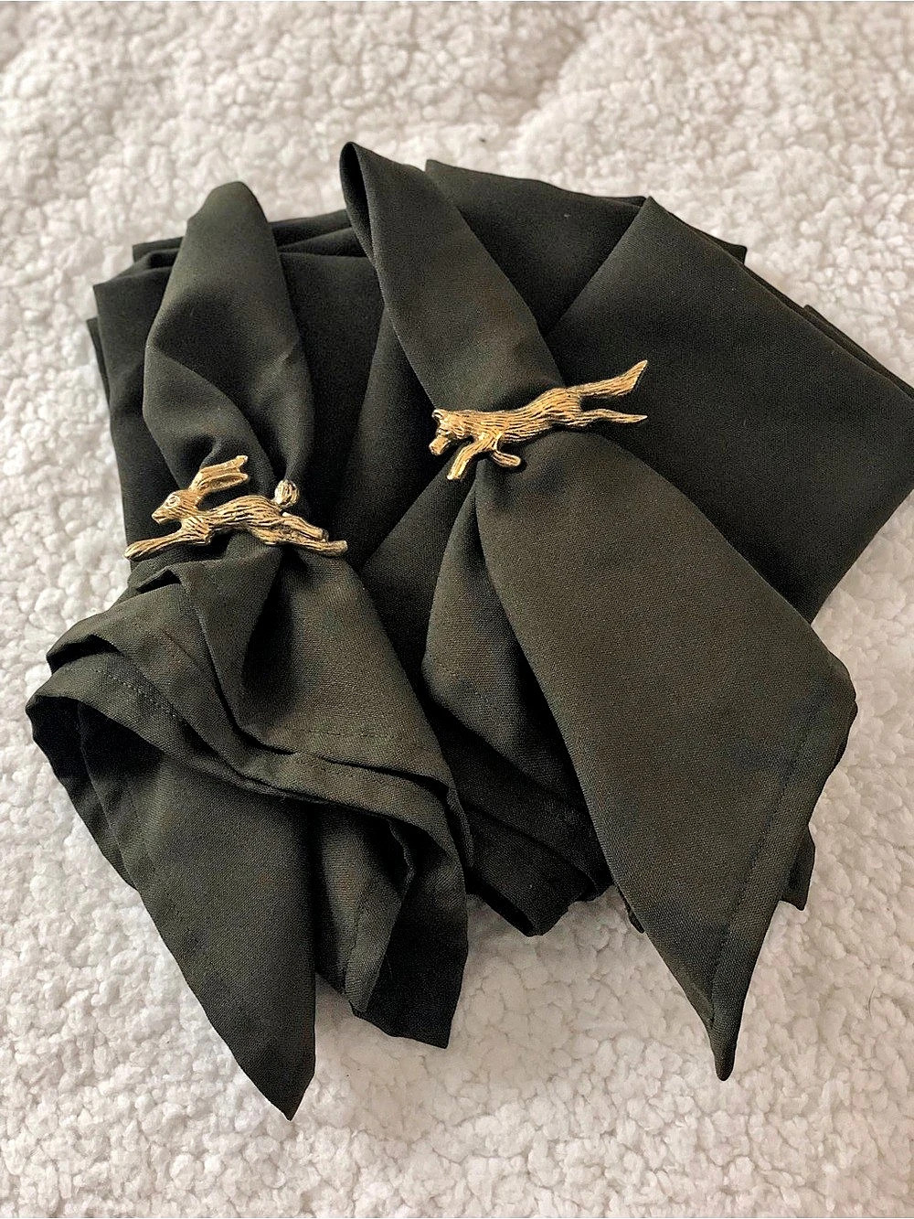 Woodland Autumn Fox & Rabbit Napkin Ring Set of 8 and 8 Dark Green Cloth Napkins